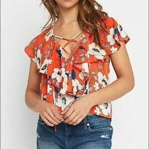 Abbeline Floral Ruffle Blouse in Red Orange sz M